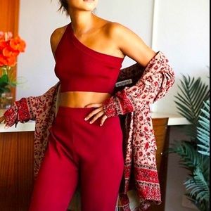 NEW FREE PEOPLE Sz XL STAYCATION SET RIBBED ONE SHOULDER CROP TOP HIGH RISE PANT